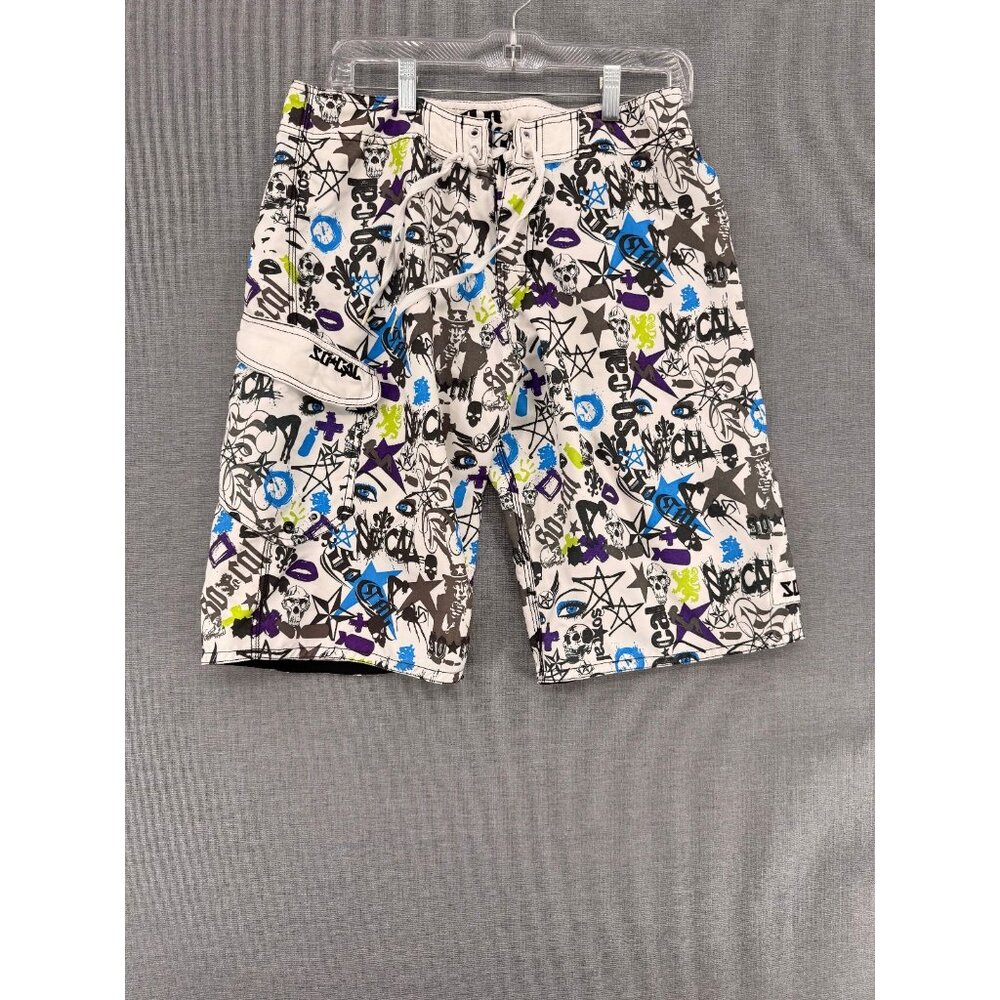 SoCal Board Shorts Mens 32 12" Beach Swim Trunks Grunge AOP Cargo Style Pocket